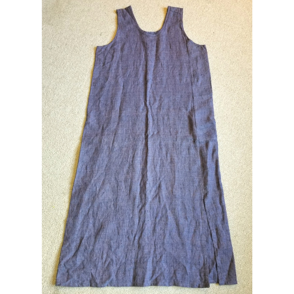 Womens Dress-FLAX by JEANNE ENGEHART-blue/pink tweedy linen maxi Lagenlook-M
